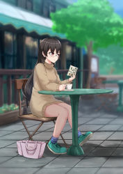 Rule 34 | 1girl, alternate costume, black hair, building, choukai (kancolle), coffee cup, commentary request, cup, disposable cup, dress, faitaa, glasses, highres, kantai collection, long hair, reading, red eyes, saucer, semi-rimless eyewear, shoes, sitting, sneakers, solo, sweater, sweater dress, table, tiles, tree, under-rim eyewear