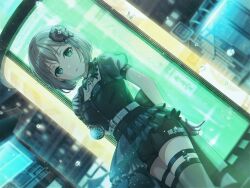 Rule 34 | 1girl, aoba moca, aqua eyes, arm behind back, bang dream!, belt, corset, detached collar, dutch angle, flower, frills, garter straps, gloves, glowing, grey hair, hair flower, hair ornament, half gloves, looking to the side, official art, outdoors, overskirt, parted lips, pocket watch, puffy short sleeves, puffy sleeves, rain, ribbon, see-through, see-through sleeves, short hair, short sleeves, shorts, solo, thighhighs, third-party source, watch, water drop, wet