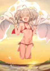 Rule 34 | 1girl, :d, ^ ^, ahoge, bare legs, bare shoulders, barefoot, bikini, blanket, blush, closed eyes, collar, collarbone, commentary request, day, demon wings, face, fang, flat chest, full body, grey hair, happy, highres, jumping, makaino ririmu, micro bikini, navel, nijisanji, open mouth, outdoors, pointy ears, red bikini, red wings, side-tie bikini bottom, smile, solo, sparkle, stomach, string bikini, sunset, swimsuit, twintails, utsusumi kio, virtual youtuber, water, wings