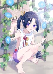 1boy armpits barefoot black_hair blue_flower blunt_sidelocks blush flower highres houjou_tokiyuki_(nige_jouzu_no_wakagimi) japanese_clothes long_hair looking_at_viewer male_focus nige_jouzu_no_wakagimi okurarebito open_mouth ponytail purple_eyes red_sash sash sidelocks_tied_back smile toes trap very_long_hair