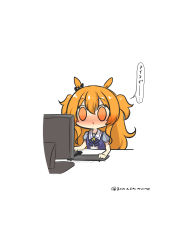 Rule 34 | 1girl, :&gt;, absurdres, animal ears, black bow, blue bow, blue shirt, blush, bow, ear bow, goma (gomasamune), hair between eyes, highres, horse ears, keyboard (computer), long hair, mayano top gun (umamusume), monitor, nose blush, orange eyes, orange hair, parted lips, puffy short sleeves, puffy sleeves, school uniform, shirt, short sleeves, simple background, solo, tracen school uniform, translation request, triangle mouth, twitter username, two side up, umamusume, very long hair, white background