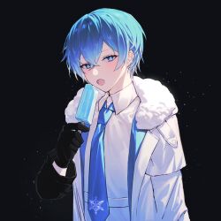 Rule 34 | 1boy, black background, black gloves, blue eyes, blue necktie, blush, coat, collared shirt, commentary, facing viewer, food, fur-trimmed coat, fur trim, gloves, hair between eyes, holding, holding food, holding popsicle, kaito (vocaloid), layered clothes, looking at viewer, male focus, necktie, open clothes, open coat, open mouth, pants, popsicle, project diva (series), shirt, short hair, sidelighting, snow, solo, standing, symbol-only commentary, teeth, upper body, vocaloid, white pants, white shirt, zhou huan (dgpe2833)