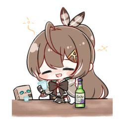 Rule 34 | 1girl, :&lt;, ahoge, alcohol, blueberry, blush, bottle, brown capelet, brown cloak, brown corset, brown hair, capelet, chibi, cloak, closed eyes, corset, drunk, feather hair ornament, feathers, food, friend (nanashi mumei), fruit, glass, gloves, hair ornament, hairclip, hololive, hololive english, long hair, multicolored hair, nanashi mumei, partially fingerless gloves, ponytail, ribbon, shirt, smile, soju, squeans, streaked hair, very long hair, vinca 99, virtual youtuber, white shirt