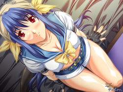 Rule 34 | 1girl, arc system works, bed, bed sheet, black gloves, blue hair, blush, bow, breasts, character name, cleavage, collarbone, denim, denim shorts, dizzy (guilty gear), fingerless gloves, gloves, guilty gear, guilty gear xx, hair ribbon, large breasts, long hair, looking at viewer, looking up, midriff, navel, racco, red eyes, ribbon, sailor collar, short shorts, shorts, smile, stomach, tank top, thigh gap, twintails, yellow bow, yellow ribbon