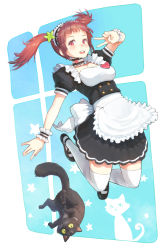 Rule 34 | 1girl, apron, bad id, bad pixiv id, blush, brown eyes, brown hair, cat, efmoe, jumping, looking at viewer, maid, maid apron, maid headdress, open mouth, original, short hair, skirt, smile, solo, thighhighs, twintails, v