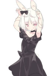 Rule 34 | 1girl, :d, animal ears, arms up, black bow, black dress, blade (galaxist), blush, bow, bracelet, cowboy shot, dot nose, dress, hair bow, jewelry, looking at viewer, open mouth, pink eyes, pop-up story, rabbit ears, rabbit girl, rabbit pose, rabbit tail, ruri ookami, sash, short hair, simple background, smile, solo, tail, white background, white hair
