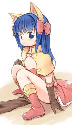 Rule 34 | 1girl, animal ear fluff, animal ears, bikini, bikini top only, blue eyes, blue hair, blush, boots, bow, brown capelet, brown gloves, capelet, cat ears, closed mouth, commentary request, elbow gloves, emurin, flat chest, frown, full body, gloves, hair bow, long hair, looking at viewer, mage (ragnarok online), majiko (emurin), pelvic curtain, ragnarok online, red bikini, red bow, red footwear, red skirt, showgirl skirt, skirt, solo, squatting, star-shaped pupils, star (symbol), swimsuit, symbol-shaped pupils