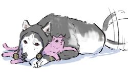 Rule 34 | animalization, brown eyes, cat, closed mouth, commentary request, dog, hat, hug, jojo no kimyou na bouken, koppe 666, pink cat, red eyes, risotto nero, simple background, size difference, tail, tail wagging, vinegar doppio, white background
