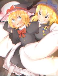 Rule 34 | 2girls, absurdres, akabeco, black eyes, black gloves, black hat, blonde hair, blue bow, blue eyes, blue ribbon, blush, bow, breasts, chromatic aberration, closed mouth, cookie (touhou), elbow gloves, fang, gloves, hat, hat bow, hat ribbon, highres, kirisame marisa, large breasts, looking at viewer, looking away, meguru (cookie), multiple girls, parted lips, puffy short sleeves, puffy sleeves, red bow, red ribbon, ribbon, short sleeves, smile, touhou, witch hat, yuuhi (cookie)