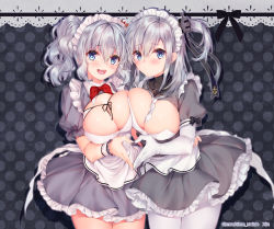 Rule 34 | 2girls, :d, ahoge, alternate costume, anchor symbol, apron, arm around waist, artist name, asymmetrical docking, between breasts, black ribbon, blue eyes, blush, breast press, breasts, cleavage, closed mouth, dress, elbow gloves, enmaided, frilled dress, frilled sleeves, frills, gloves, grey footwear, hair between eyes, hair ornament, kantai collection, kashima (kancolle), large breasts, long hair, looking at viewer, maid, maid headdress, multiple girls, neck ribbon, neckerchief, obiwan, one side up, open mouth, pantyhose, polka dot, polka dot background, puffy short sleeves, puffy sleeves, red ribbon, ribbon, shiny skin, short sleeves, short twintails, silver hair, smile, suzutsuki (kancolle), tareme, thighs, twintails, wavy hair, white apron, white gloves, white legwear, white neckwear, wrist cuffs