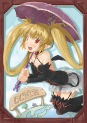 Rule 34 | 1girl, bare shoulders, blonde hair, blush, boots, detached sleeves, flat chest, garter straps, long hair, pachira, pointy ears, red eyes, renkin san-kyuu magical pokaan, rutinium, skirt, solo, thighhighs, twintails, umbrella, wings