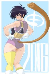 Rule 34 | 10s, 1girl, 2016, armor, ass, asymmetrical legwear, backboob, bad id, bad pixiv id, bare shoulders, black hair, blue background, boots, border, breasts, brown eyes, dragon ball, dragonball z, earrings, feet out of frame, female focus, from behind, gloves, grin, hands on own hips, jewelry, legs, leotard, looking at viewer, looking back, outside border, seripa, short hair, simple background, single earring, small breasts, smile, solo, sorashu, standing, tail, thighhighs, thighs, uneven legwear, white border, white gloves, yellow thighhighs
