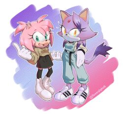 Rule 34 | 2girls, amy rose, animal ears, black skirt, blaze the cat, cat ears, cat girl, cat tail, flowerqliphoth, forehead jewel, furry, furry female, gloves, green eyes, hair down, hedgehog girl, highres, holding hands, multiple girls, open mouth, pink fur, purple fur, skirt, sonic (series), tail, white footwear, white gloves, yellow eyes