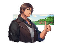 Rule 34 | 1boy, beard, belmond banderas, brown hair, brown jacket, copyright request, cropped torso, dog tags, facial hair, jacket, k-suwabe, looking at viewer, male focus, medium hair, nijisanji, open clothes, open jacket, parted lips, pectorals, sleeves rolled up, smile, solo, stubble, thumbs up, vest, virtual youtuber
