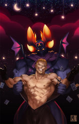 Rule 34 | 2boys, abs, arms at sides, assisted exposure, bara, bare pectorals, behind another, black coat (kingdom hearts), black gloves, blonde hair, blue skin, bulge, coat, colored skin, cowboy shot, dark inferno (kindom hearts), demon boy, demon wings, facial hair, facial mark, forehead mark, gloves, glowing, glowing eye, glowing horns, grabbing, groping, highres, horns, kingdom hearts, large pectorals, looking at viewer, luxord, male focus, monster boy, multiple boys, mustache, na insoo, navel, nipples, open clothes, open coat, open hands, paid reward available, pectoral grab, pectorals, teeth, tight clothes, undressing, wings, yaoi, zipper