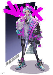 Rule 34 | 1girl, absurdres, alternate costume, black background, black choker, black jacket, black pantyhose, braid, character name, choker, cigarette, collarbone, earrings, english text, gradient background, green hair, hand up, highres, holding, holding skateboard, hood, hood down, hoodie, jacket, jewelry, jinx (league of legends), league of legends, long hair, long sleeves, looking at viewer, maoge, pantyhose, pink eyes, pink headwear, pink jacket, puffy sleeves, shiny clothes, shoes, skateboard, solo, squinting, standing, twin braids, white background, white hoodie