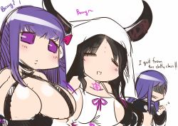 Rule 34 | 10s, 3girls, absurdres, bare shoulders, black hair, bow, breast envy, breasts, collarbone, english text, covered erect nipples, facial mark, fate/extra, fate/extra ccc, fate/grand order, fate (series), forehead mark, hair bow, highres, horns, huge breasts, large breasts, long hair, meltryllis (fate), multiple girls, open mouth, passionlip (fate), pink bow, purple eyes, purple hair, revealing clothes, ribbon, sesield, sessyoin kiara, smile, upper body, veil