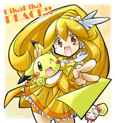Rule 34 | 1girl, :d, big hair, blonde hair, candy (smile precure!), choker, commentary request, creatures (company), crossover, cure peace, earrings, game freak, gen 1 pokemon, hair between eyes, jewelry, kise yayoi, long hair, looking at viewer, magical girl, nintendo, ootani ikue, open mouth, orange choker, orange eyes, outstretched arm, pikachu, pokemon, pokemon (creature), precure, rascal (feuille), skirt, smile, smile precure!, solo, v, voice actor connection, yellow skirt