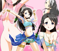 Rule 34 | 10s, 1girl, :q, areola slip, armpits, arms up, bare shoulders, black hair, blue eyes, braid, breast slip, breasts, censored, cleavage, convenient censoring, crop top, cum, dancer, head out of frame, hirowa nagi, idolmaster, idolmaster cinderella girls, jewelry, kurihara nene, long hair, looking back, lots of jewelry, medium breasts, midriff, naughty face, navel, necklace, nipples, nude, off shoulder, one breast out, side braid, small breasts, smile, solo, strap slip, suggestive fluid, sweat, tongue, tongue out