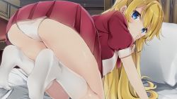 Rule 34 | 1girl, all fours, ass, bed, blonde hair, blue eyes, blush, cutie honey universe, finger to mouth, from behind, indoors, kisaragi honey, long hair, looking at viewer, natsume eri, no shoes, official art, panties, pantyshot, pillow, pleated skirt, puffy short sleeves, puffy sleeves, raised eyebrows, school uniform, short sleeves, skirt, smile, socks, underwear, white panties