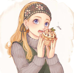 Rule 34 | 1girl, ^^^, bad id, bad pixiv id, blue eyes, blush, character name, contemporary, cupcake, dragon quest, dragon quest xi, earrings, eating, flipped hair, flower earrings, food, grey sweater, hair slicked back, hairband, holding, holding food, jewelry, long sleeves, looking at viewer, mahoshiki, nail polish, open mouth, orange nails, ribbed sweater, senya (dq11), simple background, solo, sweater, turtleneck, turtleneck sweater, upper body, whipped cream