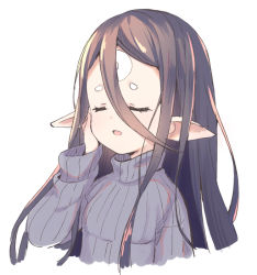 Rule 34 | 1girl, :d, black hair, breasts, closed eyes, cropped torso, facial mark, forehead mark, granblue fantasy, grey sweater, hair between eyes, hand on own face, hand up, harvin, long hair, long sleeves, meito (maze), open mouth, parted bangs, pointy ears, rei (granblue fantasy), ribbed sweater, simple background, sleeves past wrists, small breasts, smile, solo, sweater, turtleneck, turtleneck sweater, upper body, white background