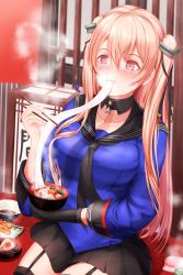 Rule 34 | 1girl, black gloves, black skirt, black thighhighs, blue shirt, bowl, breasts, chopsticks, cleavage, commentary request, cowboy shot, eating, food, garter straps, gloves, highres, johnston (kancolle), kantai collection, light brown hair, long hair, medium breasts, mochi, off shoulder, orange eyes, pleated skirt, sabakuomoto, sailor collar, school uniform, serafuku, shirt, single glove, sitting, skirt, solo, thighhighs, twintails, two side up, zouni soup
