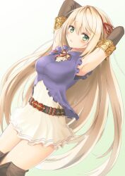 Rule 34 | 1girl, arisa (shadowverse), armpits, arms behind head, arms up, belt, black gloves, blonde hair, blush, breasts, dress, elbow gloves, elf, feet out of frame, frilled shirt, frills, furrowed brow, gloves, gradient background, green eyes, hair between eyes, hair ribbon, highres, legs together, long hair, looking at viewer, medium breasts, neck ribbon, open mouth, pleated dress, pointy ears, red ribbon, ribbon, shadowverse, shi6kurutto, shirt, short dress, sleeveless, sleeveless shirt, straight hair, swept bangs, thighs, very long hair