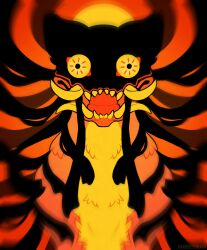 Rule 34 | absurdres, animal focus, barghestblack, constricted pupils, dream tiger (govy9807), highres, looking at viewer, monster, no humans, open mouth, orange background, original, sharp teeth, simple background, solo, straight-on, teeth, tiger, tusks, upper body, yellow eyes
