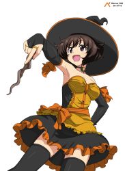 Rule 34 | 1girl, absurdres, akiyama yukari, armpits, black gloves, black skirt, black thighhighs, blush, breasts, brown eyes, brown hair, choker, cleavage, collarbone, dated, elbow gloves, fingerless gloves, frilled skirt, frills, girls und panzer, gloves, halloween, hand on own hip, hat, highres, medium breasts, open mouth, ribbon, shiny clothes, short hair, simple background, skirt, smile, solo, standing, thighhighs, wand, white background, witch, witch hat