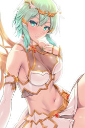 Rule 34 | 1girl, armpits, bare shoulders, blush, breasts, circlet, cleavage, collarbone, commentary request, cowboy shot, detached sleeves, green eyes, green hair, green nails, groin, hair between eyes, hair ornament, hand on own chest, highres, kawase seiki, legs up, looking at viewer, medium breasts, midriff, nail polish, navel, parted lips, see-through, shirt, short hair, short hair with long locks, sideboob, sidelocks, simple background, sinon, sitting, skirt, smile, solo, sword art online, sword art online: memory defrag, white background, white shirt, white skirt, white sleeves, wings