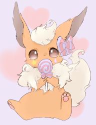 Rule 34 | animal focus, bad id, bad pixiv id, banchiku, blonde hair, bow, brown eyes, candy, covered mouth, creatures (company), facial tattoo, flareon, flat color, fluffy, food, full body, game freak, gen 1 pokemon, hands up, heart, highres, holding, holding food, jpeg artifacts, lollipop, looking at viewer, nintendo, no humans, own hands together, pawpads, pokemon, pokemon (creature), purple background, short hair, simple background, sitting, solo, spread legs, star tattoo, striped, striped bow, tattoo, teardrop tattoo