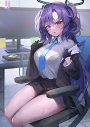 Rule 34 | 1girl, absurdres, black gloves, black jacket, blue archive, blue eyes, blue necktie, blush, breasts, chair, desk, gloves, hakusyokuto, halo, highres, jacket, keyboard (computer), lanyard, large breasts, miniskirt, monitor, necktie, office chair, purple hair, shirt, sitting, skirt, solo, sticky note, swivel chair, thighs, white shirt, yuuka (blue archive)
