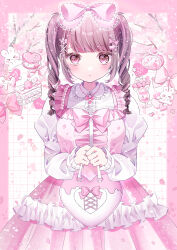 1girl absurdres bag blunt_bangs blush bow brown_hair cake cake_slice center_frills cherry_blossoms chibana_sora cup dress drill_hair flower food frilled_dress frilled_shirt_collar frills fruit hair_bow hair_ornament hairclip handbag heart highres holding juliet_sleeves lolita_fashion long_hair long_sleeves looking_at_viewer macaron original pink_background pink_bow pink_dress pink_eyes pink_flower pink_theme puffy_sleeves shirt solo strawberry sweet_lolita twin_drills twintails white_shirt x_hair_ornament yume_kawaii