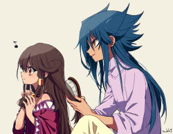 Rule 34 | 1boy, 1girl, aigami, artist name, bad id, bad pixiv id, bare shoulders, blue hair, blush, brother and sister, brown eyes, brown hair, brushing hair, closed mouth, collarbone, dark skin, egyptian clothes, from side, grey background, hair ornament, hand in own hair, holding, holding brush, long hair, musical note, open mouth, pants, purple shirt, sera (yu-gi-oh!), shirt, siblings, sidelocks, simple background, sleeves rolled up, smile, spiked hair, tmkk9, wide sleeves, yellow eyes, yu-gi-oh!, yu-gi-oh! duel monsters, yu-gi-oh! the dark side of dimensions