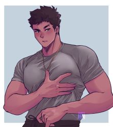 Rule 34 | 1boy, bara, blue eyes, blush, brown hair, ear piercing, highres, jewelry, large pectorals, looking to the side, male focus, manly, marudasai, mature male, meme, muscular, muscular male, necklace, original, pectoral press, pectorals, piercing, shirt, short hair, short sleeves, simple background, solo, spiked hair, t-shirt, tight clothes, upper body