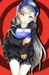 Rule 34 | 1girl, black jacket, black skirt, blue hairband, borrowed clothes, hairband, highres, holding, jacket, lavenza (persona 5), long hair, long sleeves, looking at viewer, miniskirt, nakano maru, pantyhose, persona, persona 5, pleated skirt, red background, silver hair, skirt, solo, swept bangs, very long hair, white pantyhose, yellow eyes