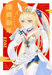 Rule 34 | 1girl, armor, artoria pendragon (all), artoria pendragon (fate), artoria pendragon (swimsuit ruler) (fate), artoria pendragon (swimsuit ruler) (third ascension) (fate), blonde hair, chinese text, fate/grand order, fate (series), green eyes, highres, new year, rabbit ears, thighhighs