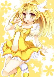 Rule 34 | 10s, 1girl, blonde hair, blush, bow, cure peace, dress, feathers, hair flaps, hair ornament, kise yayoi, kusano (torisukerabasu), long hair, magical girl, open mouth, precure, salute, skirt, smile, smile precure!, solo, star (symbol), wide ponytail, wrist cuffs, yellow bow, yellow dress, yellow eyes, yellow skirt, yellow theme