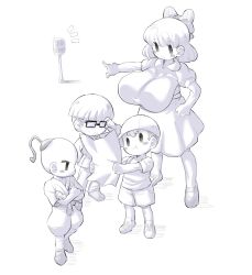 Rule 34 | 1girl, 3boys, absurdres, alternate breast size, baseball cap, blush stickers, bow, bowl cut, breasts, dougi, freckles, full body, glasses, hair bow, hat, highres, jeff andonuts, karate gi, large breasts, map, mother (game), mother 2, multiple boys, ness (mother 2), nintendo, open mouth, oppai loli, paula (mother 2), pointing, poo (mother 2), road sign, sakana888888888, shoes, shorts, sign, stop sign