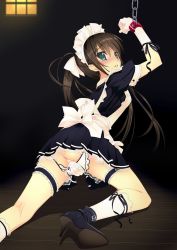 Rule 34 | 1girl, ass, bdsm, blue eyes, blush, bondage, bound, brown hair, covering, covering crotch, cuffs, f-ism, frills, from behind, garters, gloves, high heels, highres, long hair, looking back, maid, maid headdress, murakami suigun, panties, panties removed, pantyshot, parted lips, pleated skirt, ponytail, pussy, pussy peek, ribbon, shoes, skirt, slave, solo, stilettos, tears, uncensored, underwear, upskirt