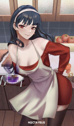 Rule 34 | 1girl, absurdres, apron, arm behind back, bare shoulders, black hair, breasts, brown thighhighs, censored, censored food, cleavage, closed mouth, collarbone, contrapposto, cooking, dress, earrings, food, glint, gold earrings, hairband, highres, holding, holding plate, jewelry, kitchen, leaning forward, long hair, looking at viewer, medium breasts, nocta felis, off-shoulder sweater, off shoulder, plate, red eyes, red sweater, smile, solo, spy x family, sweater, sweater dress, thighhighs, tomato, utensil, weapon behind back, white hairband, yor briar