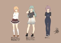 Rule 34 | 3girls, anchor hair ornament, ankle boots, aoba (kancolle), aqua eyes, aqua hair, arms behind back, black shirt, blonde hair, blush, boots, breasts, dog tags, frilled skirt, frills, grey shirt, grey skirt, hair ornament, tucking hair, hairclip, jewelry, kantai collection, large breasts, long hair, looking at viewer, low twintails, multiple girls, necklace, open mouth, overalls, ponytail, prinz eugen (kancolle), purple hair, shirt, short sleeves, simple background, skirt, smile, suzuya (kancolle), twintails, white shirt, yua (checkmate)