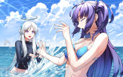 Rule 34 | 2girls, absurdres, bikini, blue archive, blue bikini, breasts, closed eyes, cloud, cloudy sky, dolphin, halo, headphones, highres, long hair, long sleeves, looking at another, medium breasts, multiple girls, navel, noa (blue archive), ocean, open mouth, outdoors, police riot (artist), purple eyes, purple hair, rash guard, sidelocks, sky, smile, splashing, swimsuit, two side up, upper body, wading, water, white hair, yuuka (blue archive)