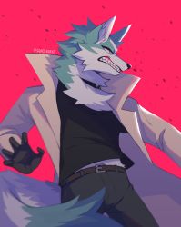 Rule 34 | 1boy, absurdres, angry, animal ears, black shirt, blue eyes, brand new animal, coat, fangs, furry, furry male, highres, necktie, ogami shirou, red background, shirt, sqaceborks, tail, wolf boy