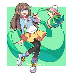 Rule 34 | 1girl, :d, black pantyhose, blue footwear, border, bow, bright pupils, brown hair, clothed pokemon, commentary request, creatures (company), eyelashes, game freak, gen 5 pokemon, green background, green eyes, hair down, hand up, highres, holding, holding poke ball, long hair, nintendo, open mouth, outline, pantyhose, pantyhose under shorts, pink bow, poke ball, poke ball (basic), pokemon, pokemon (creature), pokemon bw2, raglan sleeves, rosa (pokemon), shirt, shoes, short shorts, shorts, smile, sneakers, snivy, sutokame, white border, white pupils, yellow shorts