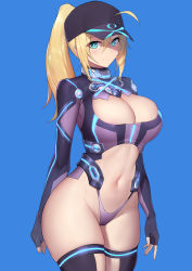 Rule 34 | 1girl, absurdres, ahoge, aqua eyes, areola slip, artoria pendragon (fate), baseball cap, black gloves, black hat, black thighhighs, blonde hair, blue background, blush, breasts, bright pupils, center opening, cleavage, cleavage cutout, closed mouth, clothing cutout, commentary request, cosplay, cowboy shot, elbow gloves, fate/grand order, fate (series), fei er, fingerless gloves, gloves, groin, hat, highleg, highres, large breasts, long hair, looking at viewer, mysterious heroine x (fate) (cosplay), mysterious heroine x (third ascension) (fate), mysterious heroine xx (fate), navel, neon trim, ponytail, sidelocks, simple background, skindentation, smile, solo, stomach, thighhighs, thighs