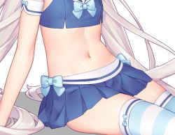 Rule 34 | 1girl, armband, bare arms, blue bow, blue skirt, bow, breasts, cat tail, commentary request, crop top, head out of frame, long hair, midriff, navel, nekopara, official art, pleated skirt, sayori (neko works), simple background, sitting, skirt, small breasts, solo, striped clothes, striped thighhighs, tail, thighhighs, twintails, vanilla (nekopara), very long hair, white background, white hair