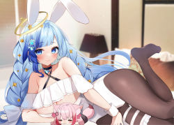 Rule 34 | 1girl, animal ears, bare shoulders, bed, black choker, black pantyhose, blue eyes, blue hair, blunt bangs, blurry, blurry background, blush, braid, breasts, brown pantyhose, character request, choker, cleavage, collarbone, commission, dot nose, fake animal ears, female focus, frills, garter straps, hair ornament, indie virtual youtuber, indoors, jewelry, lamp, large breasts, leotard, long hair, looking at viewer, lying, mole, mole on body, natsuki (ukiwakudasai), on bed, on side, pantyhose, parted lips, pillow, playboy bunny, rabbit ears, skeb commission, smile, solo, star (symbol), star hair ornament, strapless, strapless leotard, very long hair, virtual youtuber, white leotard, wrist cuffs