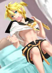 Rule 34 | 1boy, bed, blonde hair, blue eyes, clothes lift, come hither, condom, condom in mouth, deyezi, kagamine len, male focus, mouth hold, nail polish, necktie, ponytail, shirt lift, short hair, shorts, smile, solo, vocaloid, yellow nails